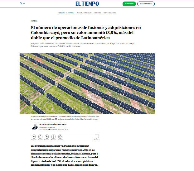El nmero de operaciones de fusiones y adquisiciones en Colombia cay, pero su valor aument 13,6 %, ms del doble que el promedio de Latinoamrica